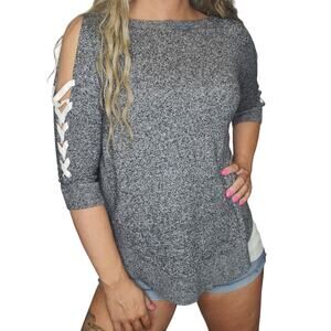 Express Sweater Womens XS Gray White Lace Up Shoulder Boho Bohemian Relaxed